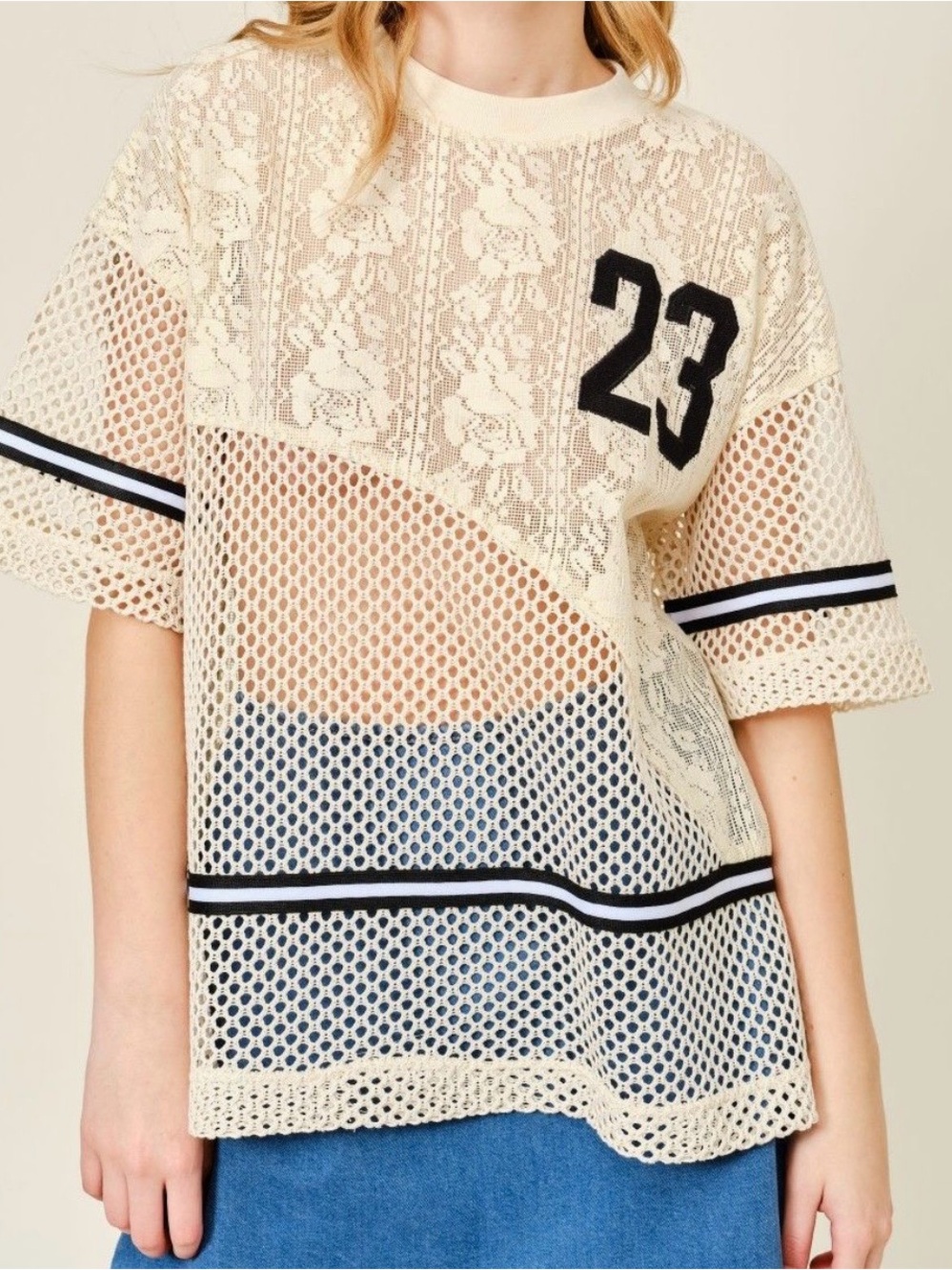 Varsity 23 Oversized Lace Crochet Knit Top (Cream)